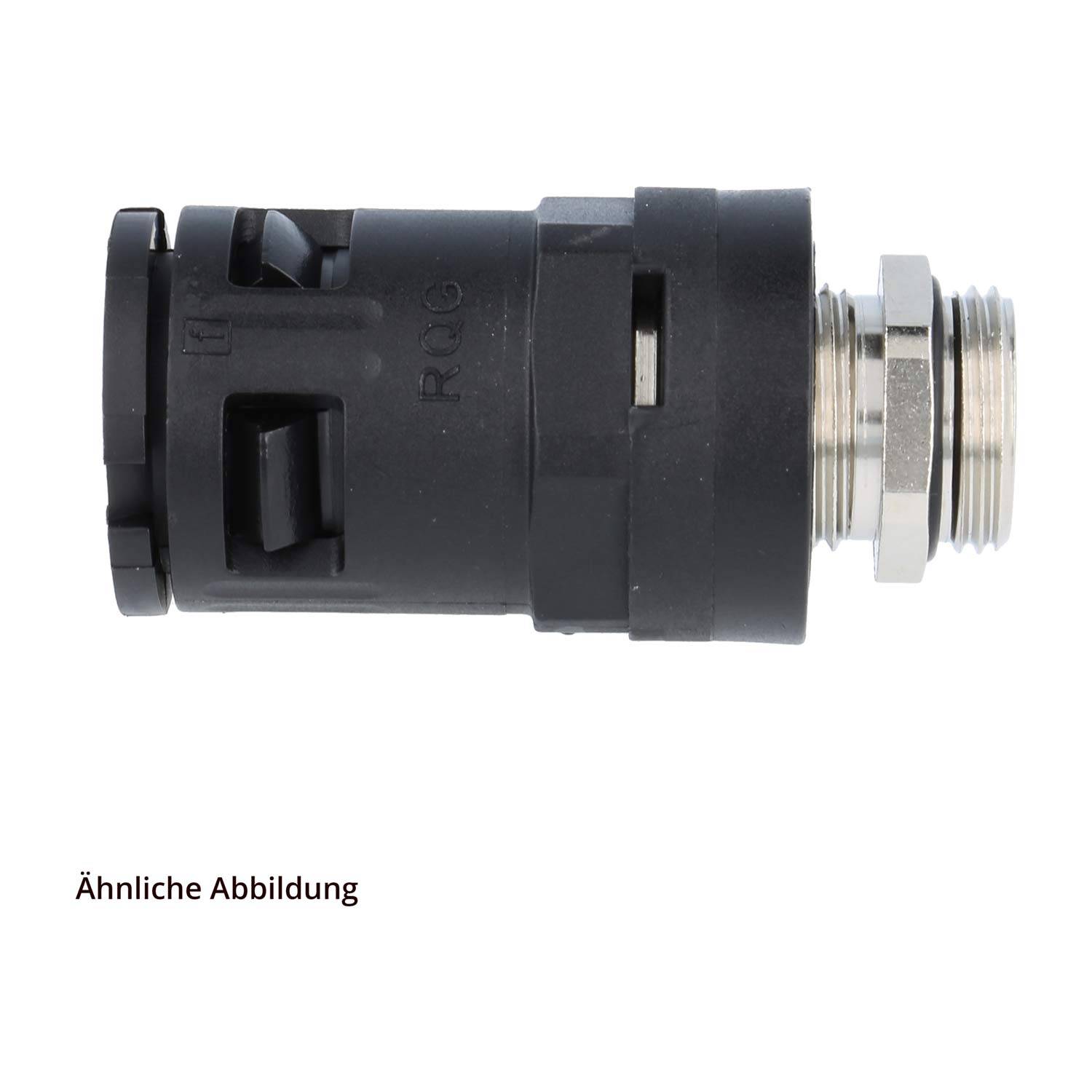 Ein Kabel-Kabelverschraubung aus Metall und Kunststoff mit ineinandergreifenden Zähnen und Gewindeende, ausgelegt zum Sichern von Kabeln. Etikett liest 'Ähnliche Abbildung'.