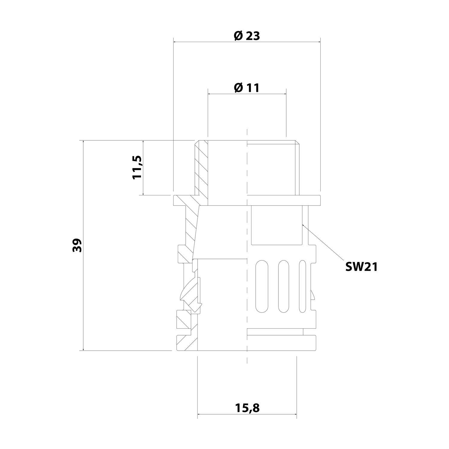 Technische Zeichnung eines zylindrischen Objekts mit Maßen: 39 Höhe, 23 Durchmesser oben, 11 in der Mitte, 15,8 an der Basis, 11,5 Tiefe und SW21 Breite.