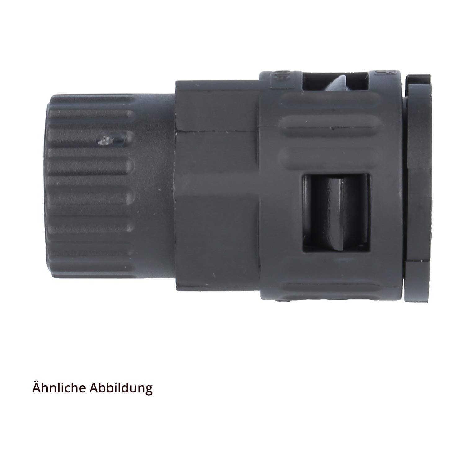 Ein schwarzer zylindrischer mechanischer Anschluss mit strukturierter Griffoberfläche und sichtbarem Auslösemechanismus. Der Text lautet 'Ähnliche Abbildung'.