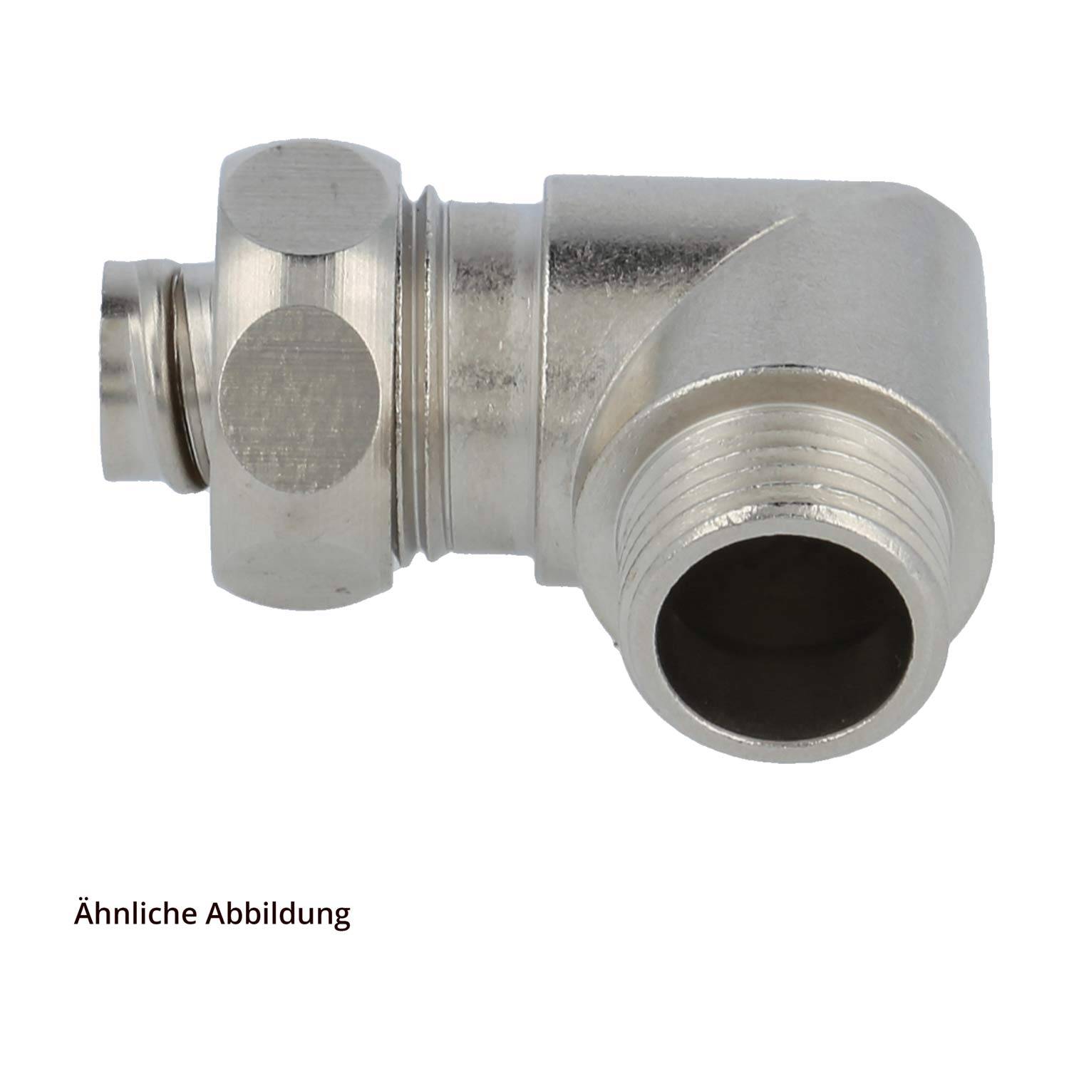 Ein Metallbogen-Rohranschluss mit einem Gewindeende und einem glatten Ende, der typischerweise bei Installationen in der Sanitärtechnik verwendet wird.