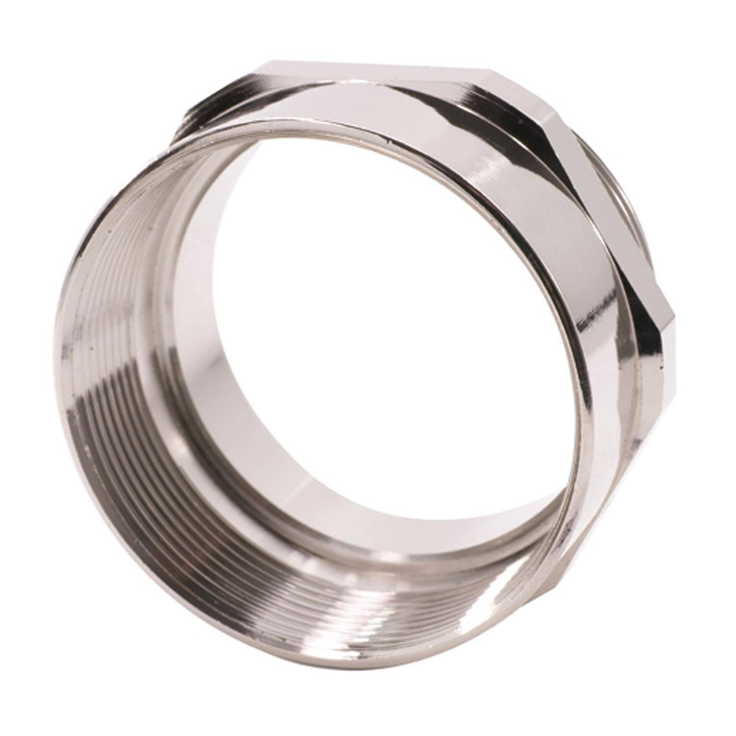 Eine metallische sechseckige Kupplungsmutter ist dargestellt, die eine Innengewinde aufweist und zum Sichern von Komponenten in mechanischen Baugruppen verwendet wird.