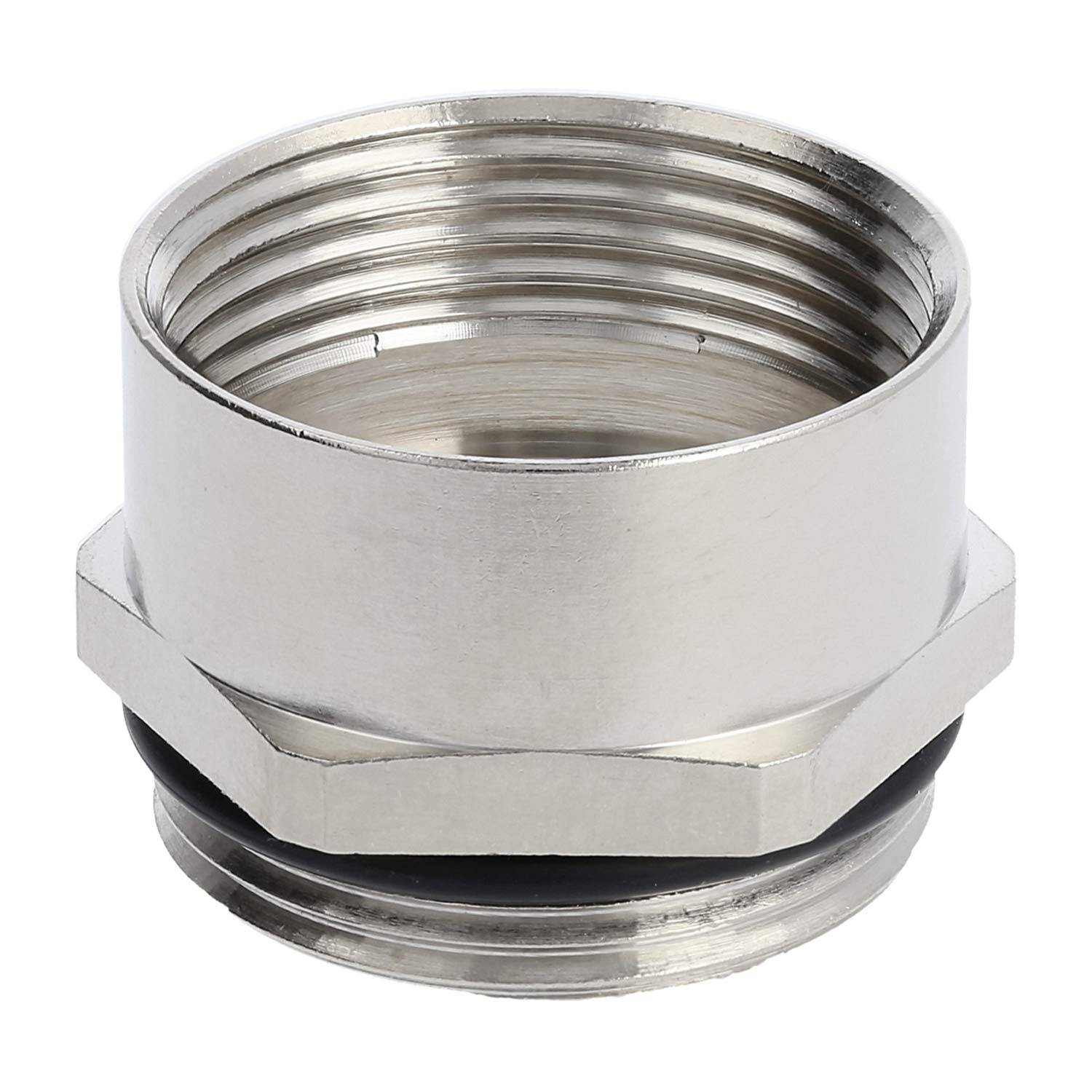 Ein metallischer Gewinderohrverbinder mit sechseckiger Basis und Gummidichtung, der zur Sicherung von Verbindungen in Rohrleitungssystemen verwendet wird.