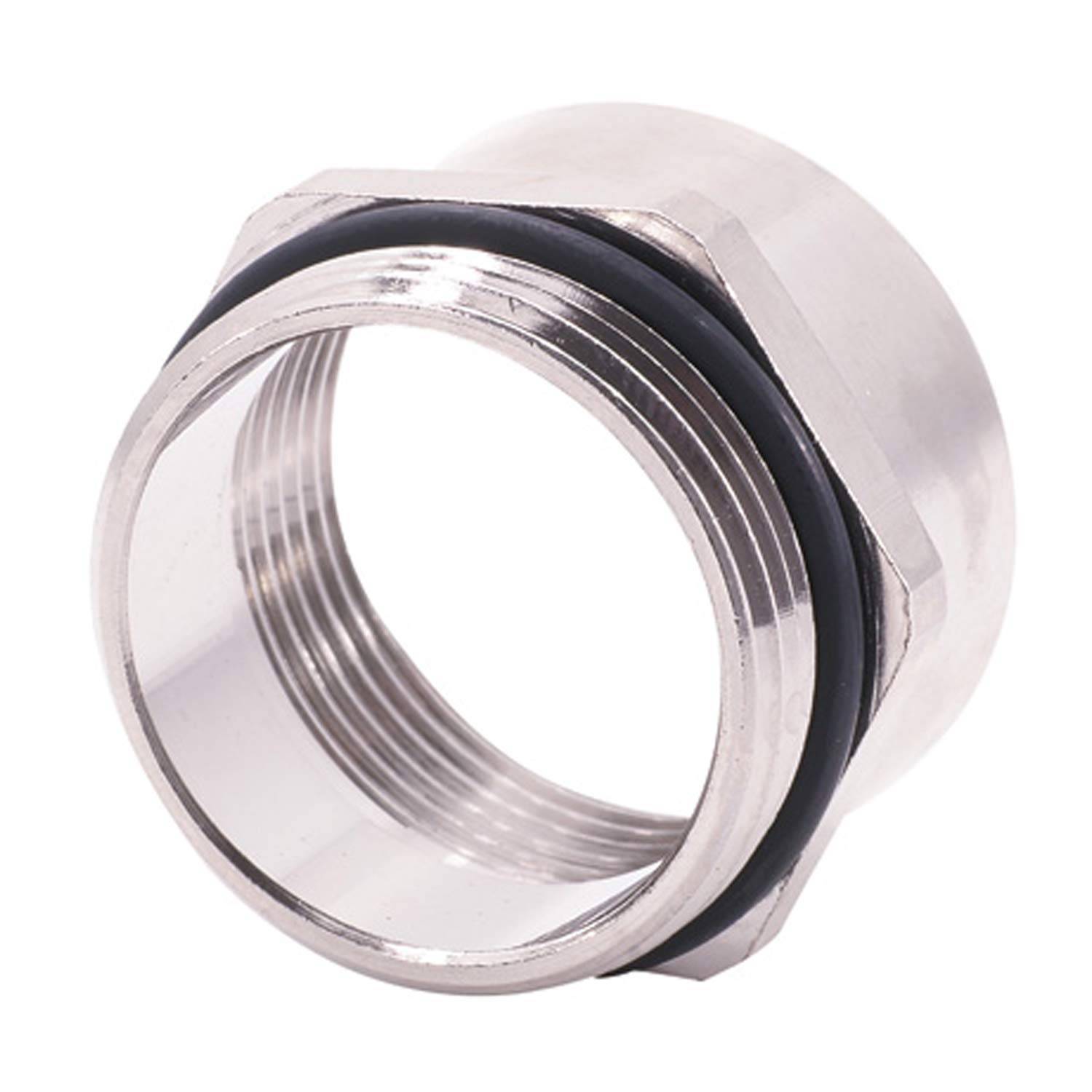 Eine Metallrohrverschraubung mit einer sechseckigen Mutter und einem angebrachten Gummi-O-Ring, die zur Sicherung von Rohranschlüssen verwendet wird.