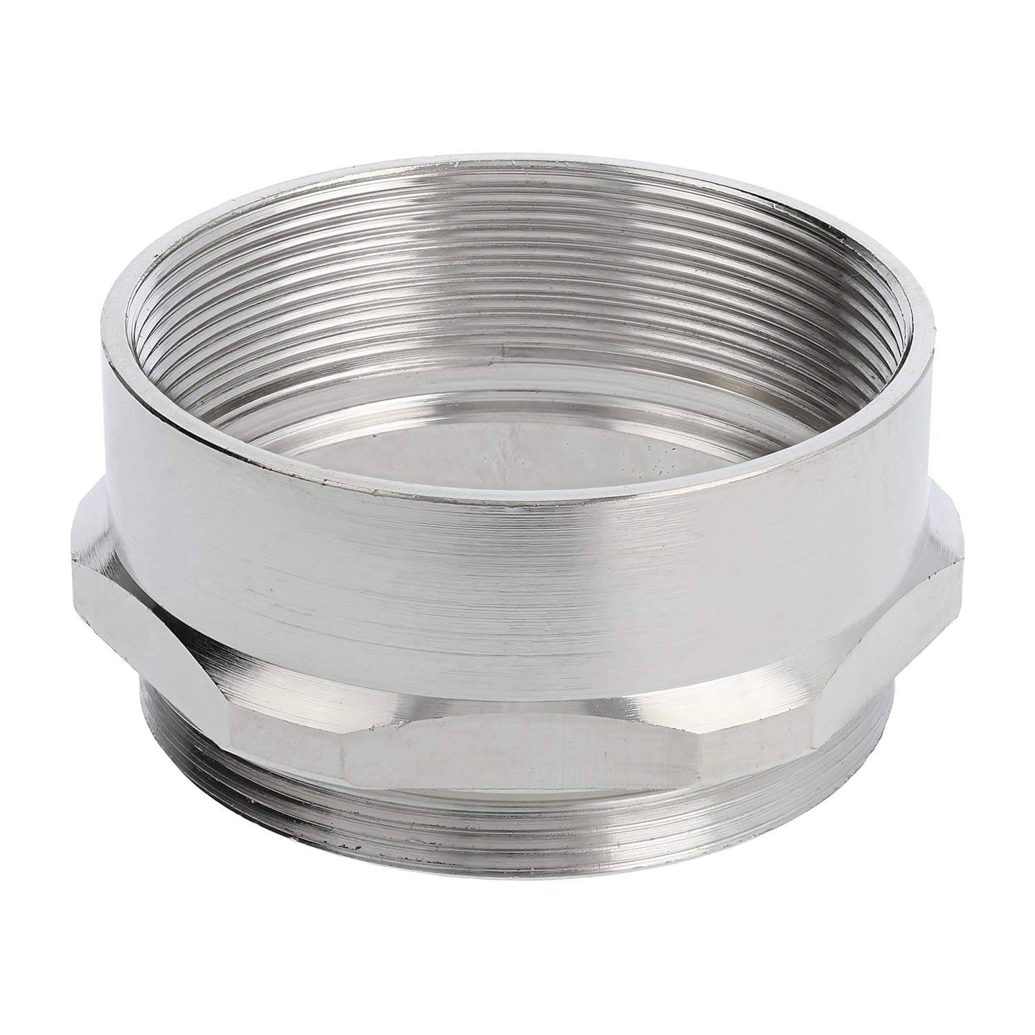 Ein Metallgewindeverbinder, zylindrisch in Form, der zum Verbinden von Rohren oder Schläuchen verwendet wird. Er hat eine glänzende, reflektierende Oberfläche.