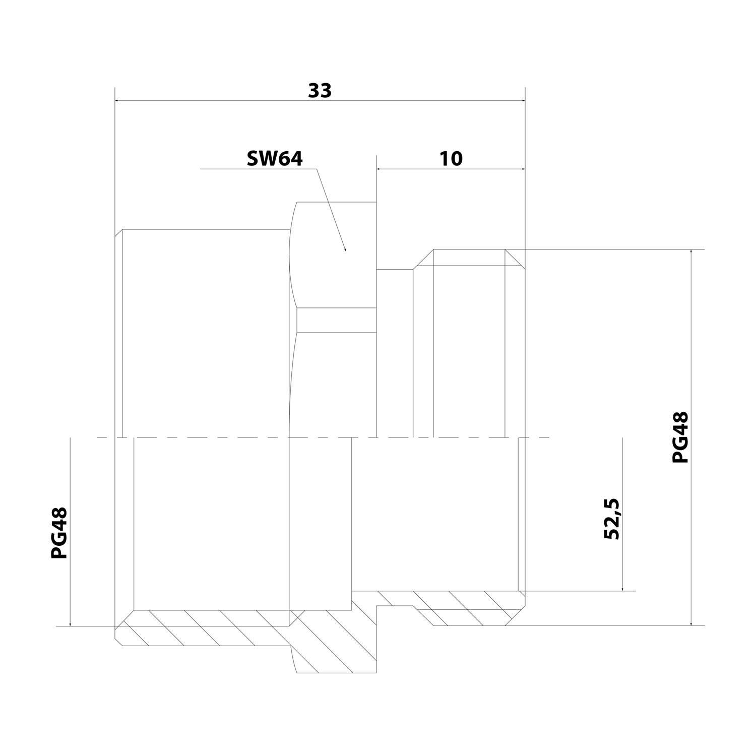 Technische Zeichnung einer mechanischen Komponente mit Abmessungen: 33 Einheiten Länge, 10 Einheiten Breite, 52,5 Einheiten Höhe. Hauptdurchmesser mit 'PG48' beschriftet.