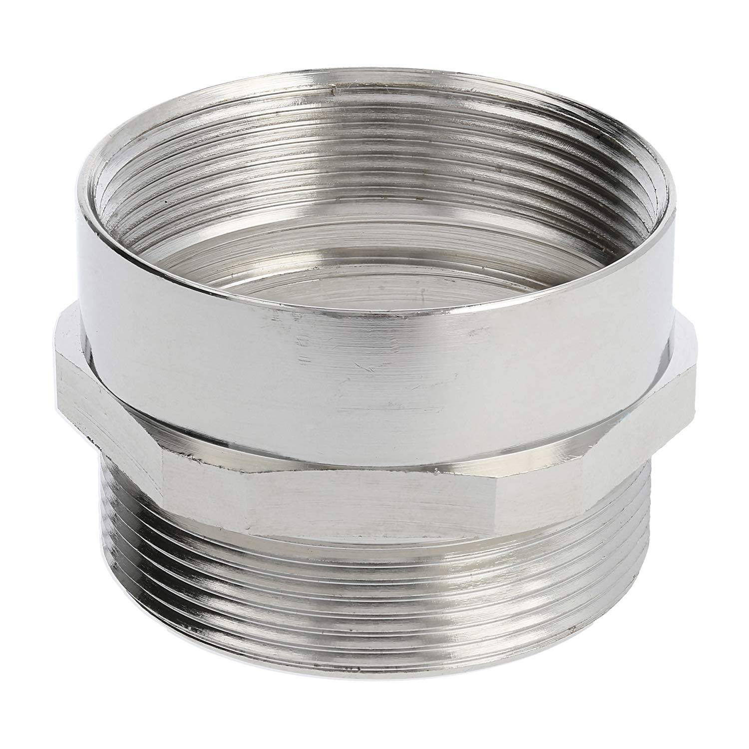 Ein Rohradapter aus Edelstahl mit Gewinde an den Enden, der zum Verbinden von Rohren unterschiedlicher Größen verwendet wird.