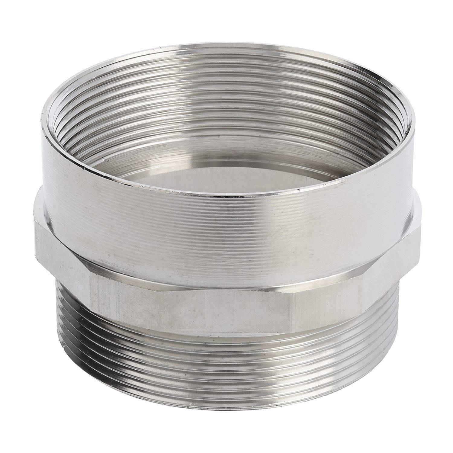 Eine Metall-Gewinderohrverbindung mit sechseckigem Mittelteil für einfachen Schraubenschlüsselgriff, die zum sicheren Verbinden von zwei Rohren verwendet wird.