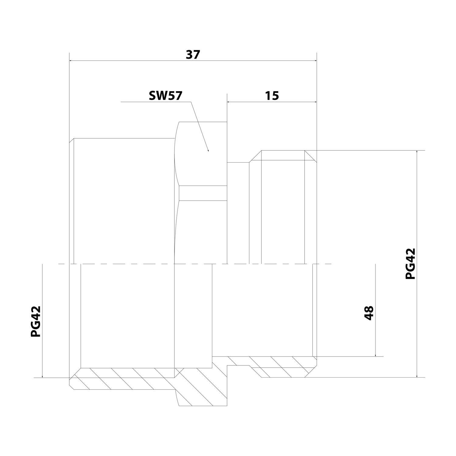 Technische Zeichnung eines zylindrischen mechanischen Bauteils mit beschrifteten Abmessungen: 37, SW57, 15, PG42 und 48.