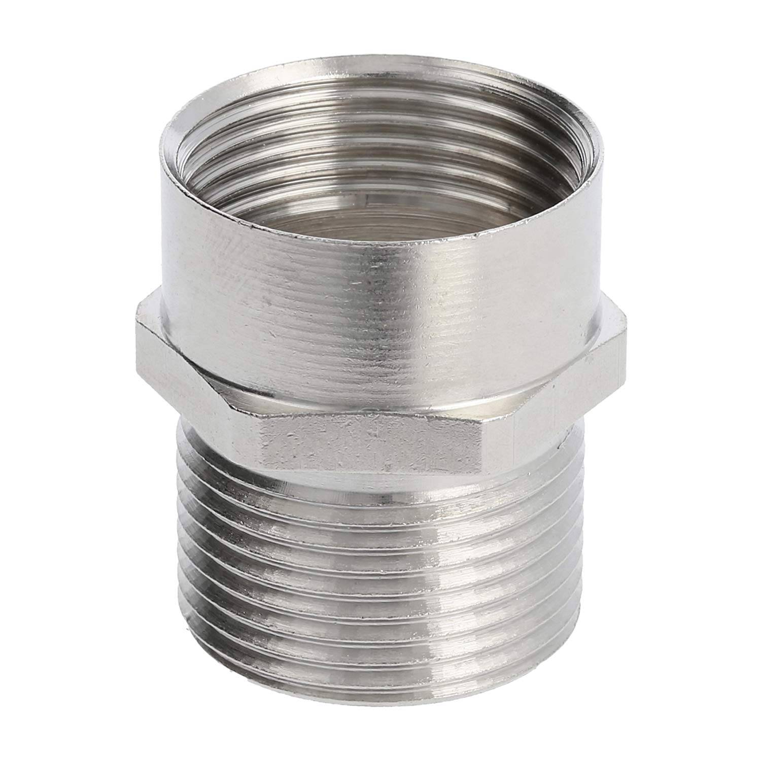 Ein glänzender silberner Metallrohranschluss mit Gewindeenden, verwendet zum Verbinden von Rohren in der Sanitär- oder Industrietechnik.