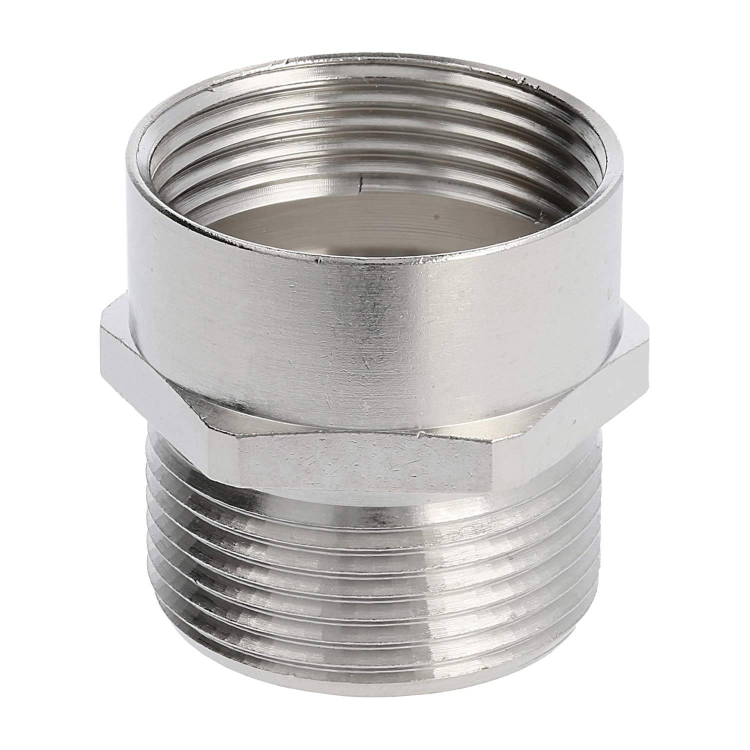 Ein Metallrohrverbinder aus Silber mit Gewindeanschlüssen, der entwickelt wurde, um zwei Rohre in Rohrleitungssystemen sicher zu verbinden.