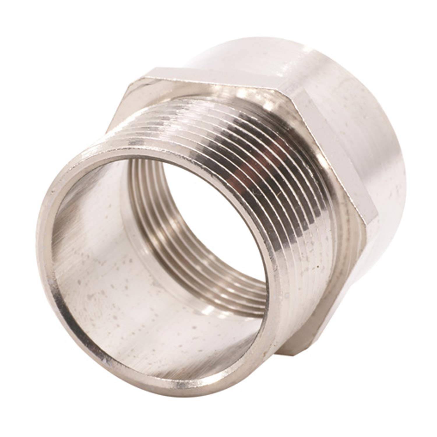 Ein Metall-Sechskant-Nippel mit Gewindeanschlüssen an beiden Enden, der verwendet wird, um zwei Rohre für den Flüssigkeitstransport in Rohrleitungssystemen zu verbinden.