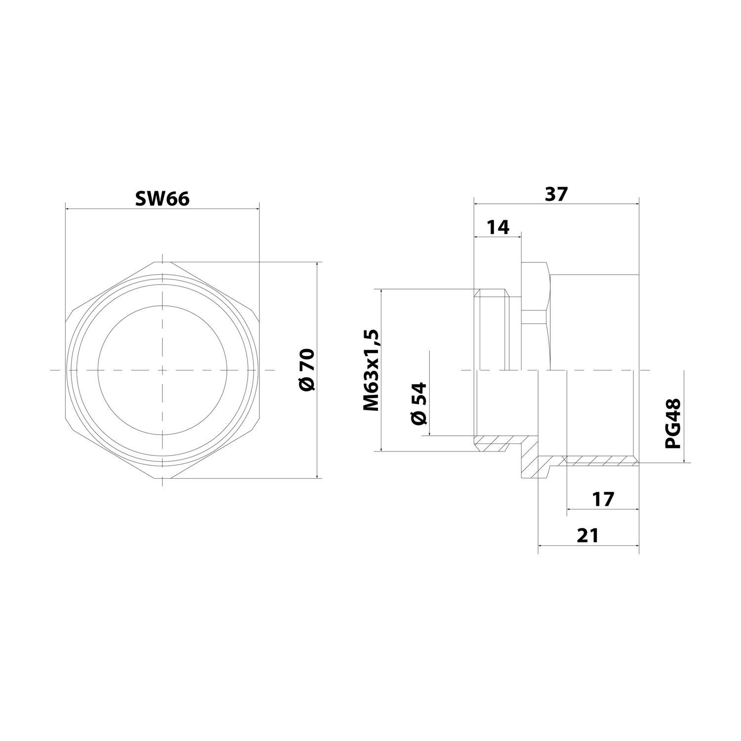 Eine technische Zeichnung einer Schraube und Mutter mit detaillierten Maßangaben, einschließlich Durchmesser, Längen und Gewindeabmessung 'M63x1,5'.
