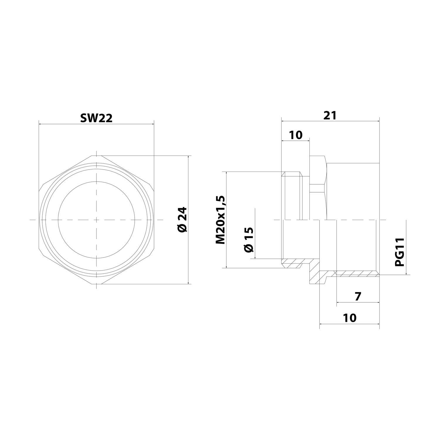 Technische Konstruktionszeichnung eines Sechskantschraubenbolzens mit Maßangaben: SW22, M20x1,5 Gewinde, Durchmesser Ø24 und Ø15 sowie Längen 21 und 10 mm.