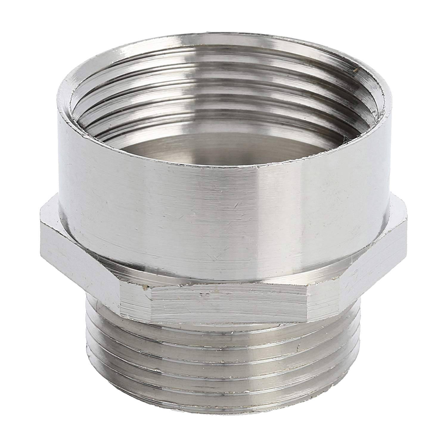 Ein Metall-Gewindeadapter mit einem sechseckigen Mittelteil. Er verbindet Rohre unterschiedlicher Durchmesser und wird in Rohrsystemen eingesetzt.