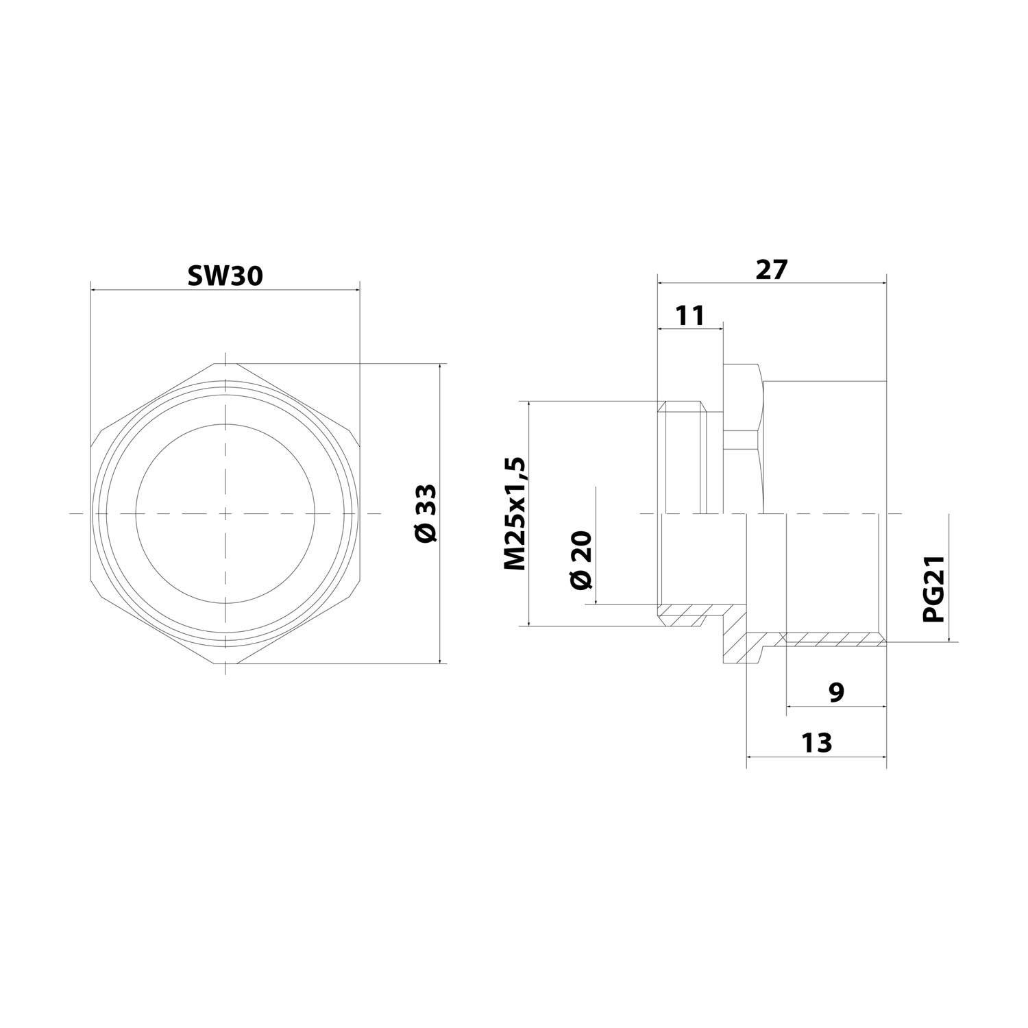 Technische Zeichnung einer Gewindebauteils mit Maßen: Seitenansicht zeigt M25x1,5 Gewinde, 27 mm Länge, 11 mm und 9 mm Abschnitte; Draufsicht zeigt SW30 Spannweite.
