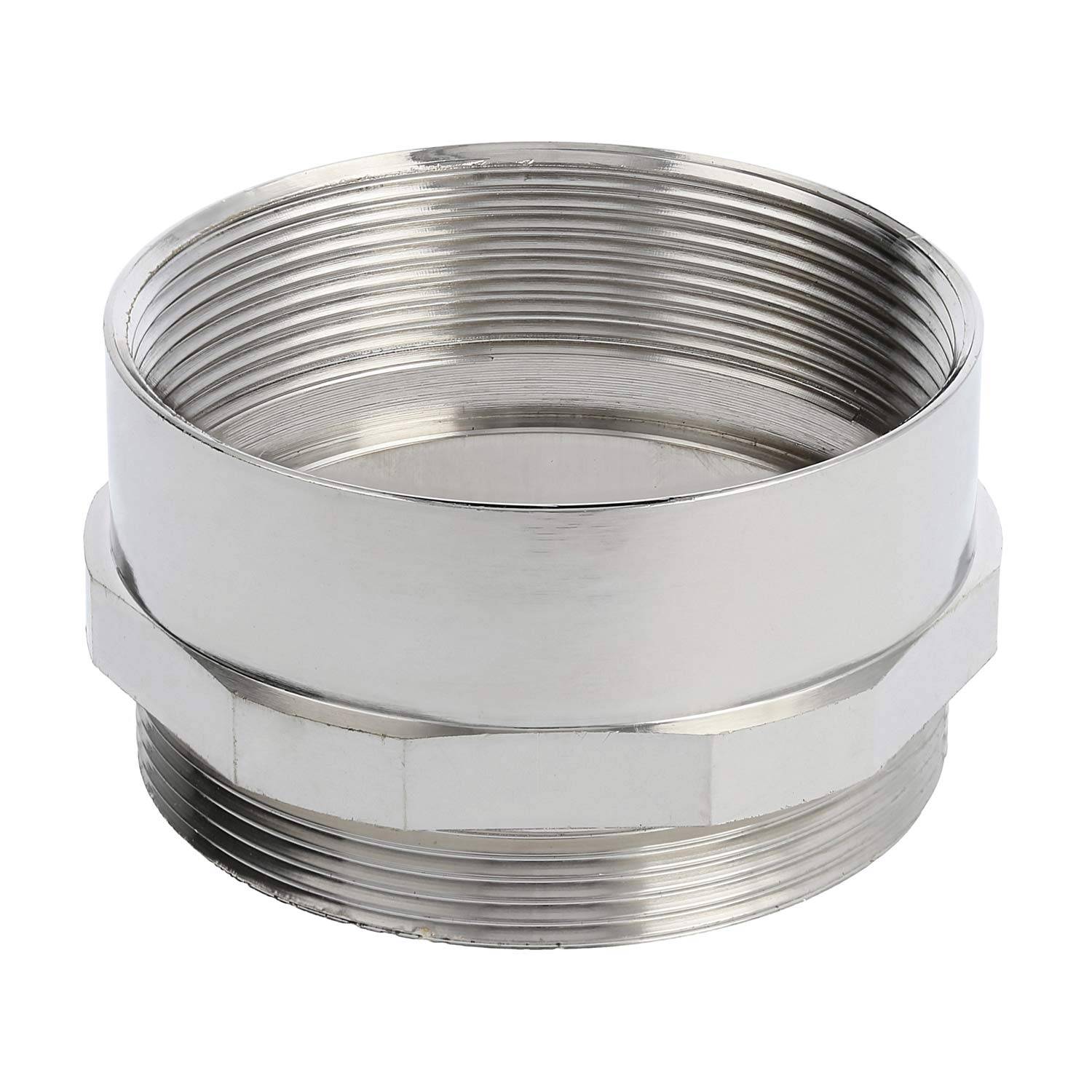 Ein Metallgewindeanschluss mit einem sechseckigen Mittelteil, der zum Verbinden zweier Rohre konzipiert ist.