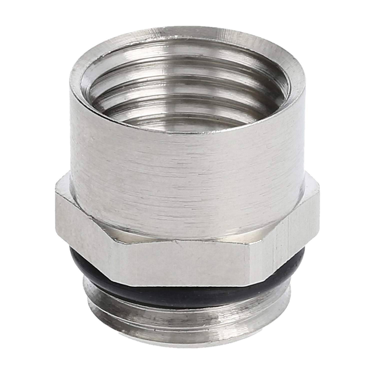 Ein metallischer Rohranschlussadapter mit Gewindeanschlüssen und einem Gummidichtungsring, der zum sicheren Verbinden von zwei Rohren verwendet wird.