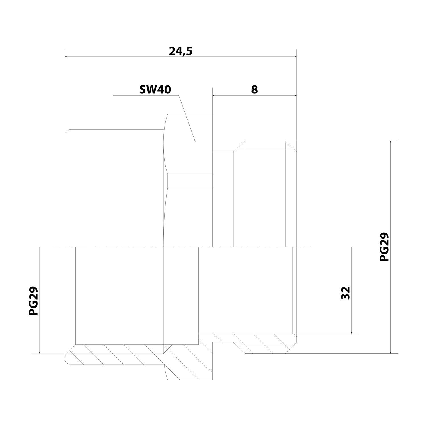 Technische Zeichnung eines mechanischen Bauteils mit beschrifteten Maßen: '24,5', 'SW40', '8', '32'. Vertikal 'PG29' linksbündig und unten ausgerichtet.