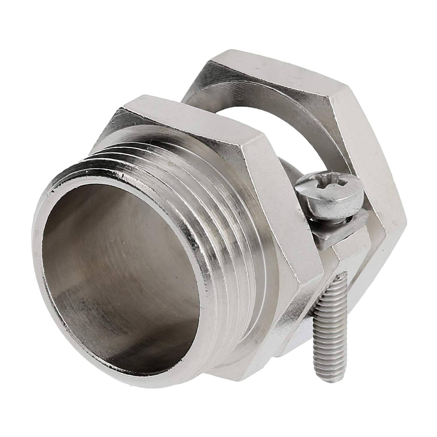 Ein Metallrohranschluss mit einem Gewindeabschnitt und einem gesicherten Bolzen, der zum Verbinden oder Befestigen von zwei Rohren oder Armaturen verwendet wird.