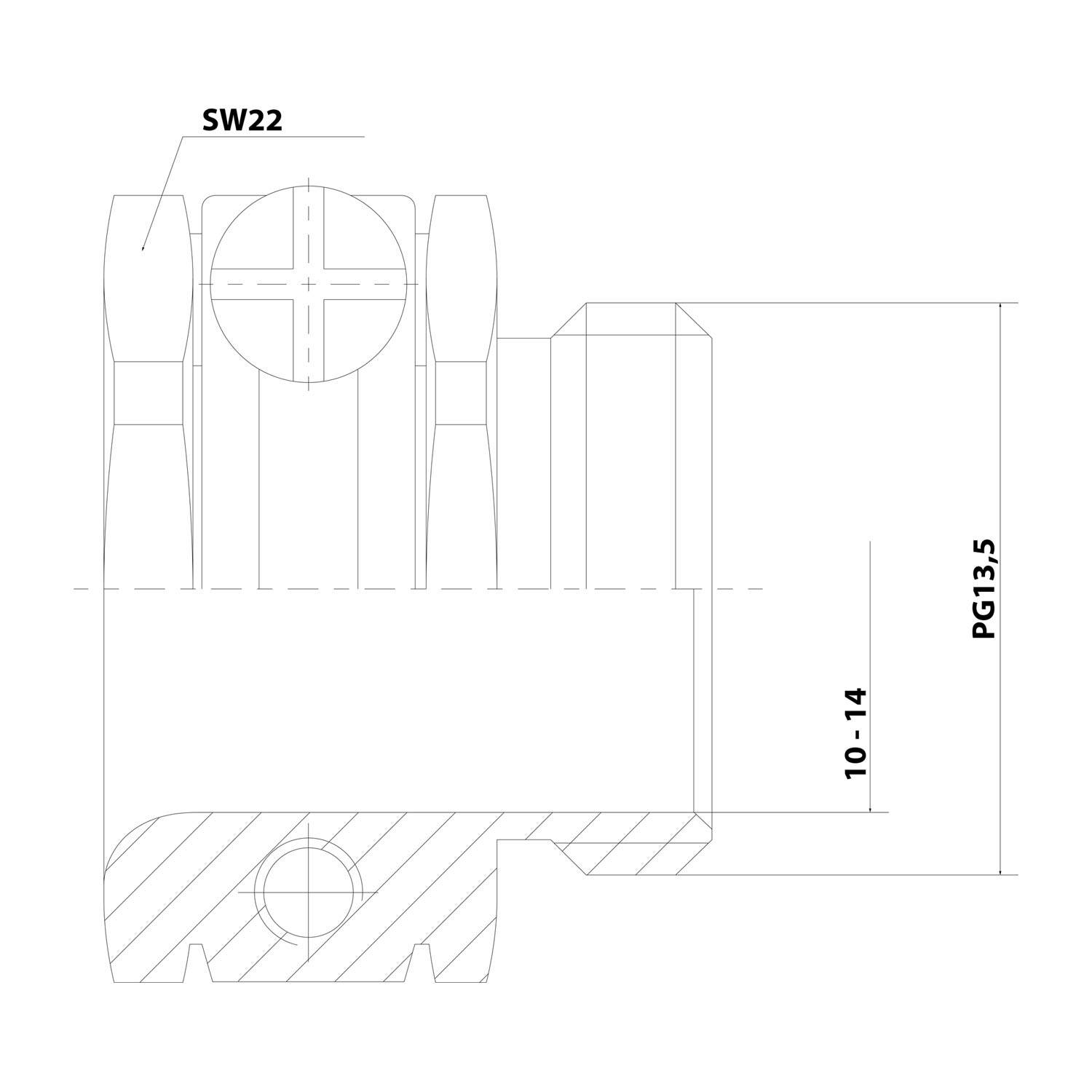 Technische Zeichnung eines mechanischen Bauteils mit Maßangaben: SW22, PG13.5 und 10-14.