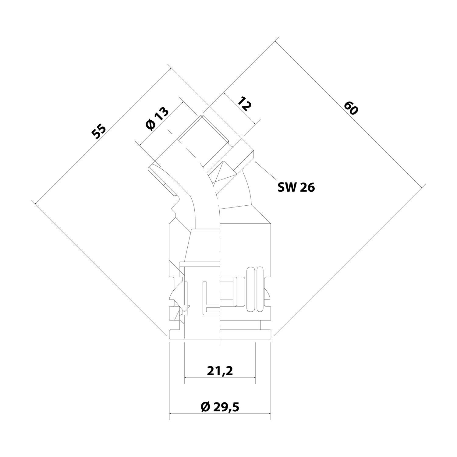 Technische Zeichnung zur Darstellung der Abmessungen eines Rohranschlusses. Wichtige Maße: 55 mm, 60 mm, Ø 13 mm, Ø 29,5 mm, SW 26 mm.