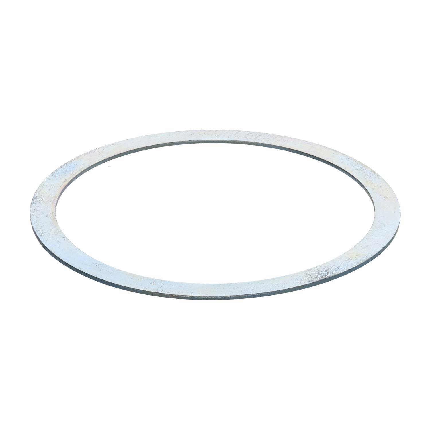 Ein metallischer Ring oder eine Dichtung mit flacher, kreisförmiger Gestalt, möglicherweise zur Abdichtung oder für mechanische Zwecke verwendet. Er befindet sich auf einem weißen Hintergrund.