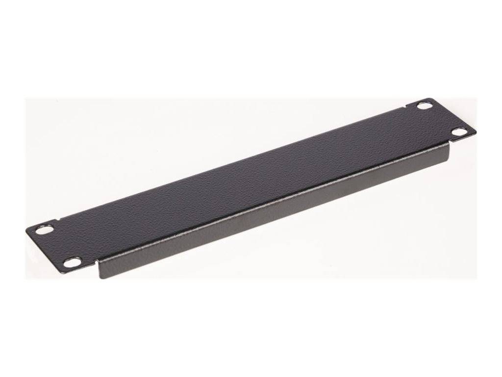Schwarze Metall-Rack-Kabelführungsleiste mit vier Befestigungslöchern, dargestellt auf weißem Hintergrund.