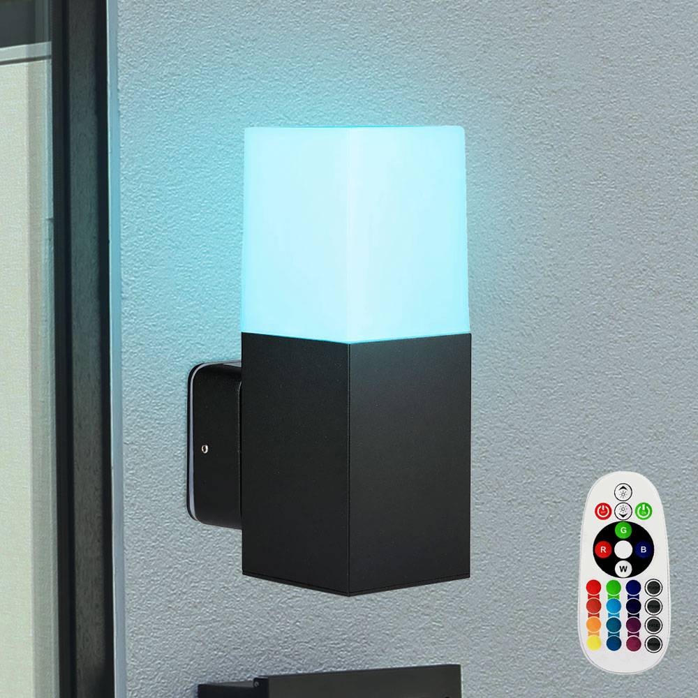 Wandleuchte Aluminium schwarz Hauswandleuchte Außen Außenlampe Wand, Fernbedienung dimmbar, RGB LED 3,5W 290Lm warmweiß, LxBxH 12,1x8x25 cm