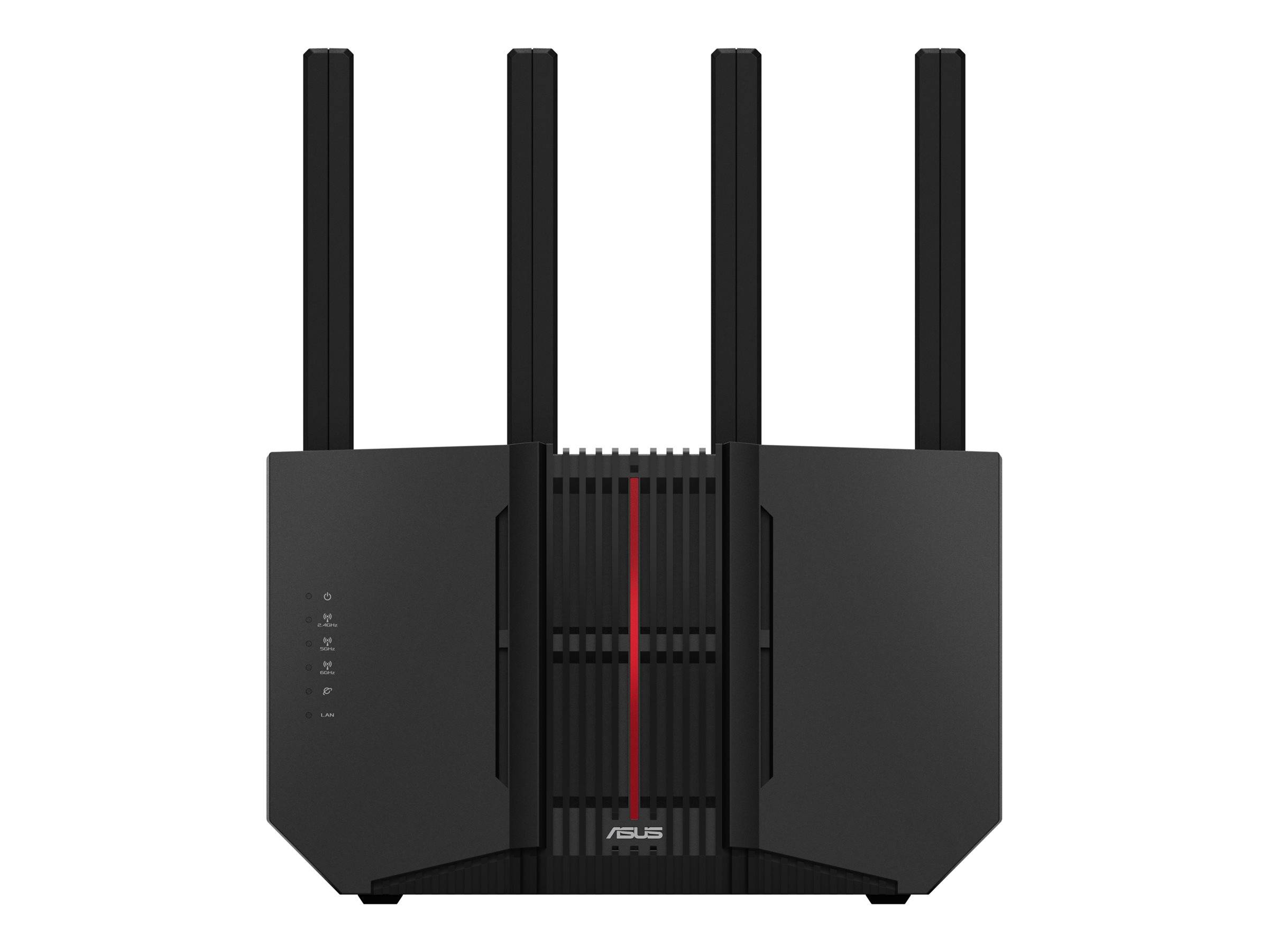 Frontansicht eines schwarzen ASUS-WLAN-Routers mit vier aufrechten Antennen und vorderen Statusleuchten auf weißem Hintergrund.