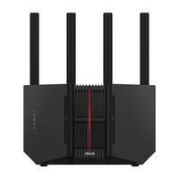 Schwarzer ASUS-Wireless-Router mit vier Antennen und einem roten vertikalen Mittelstreifen.