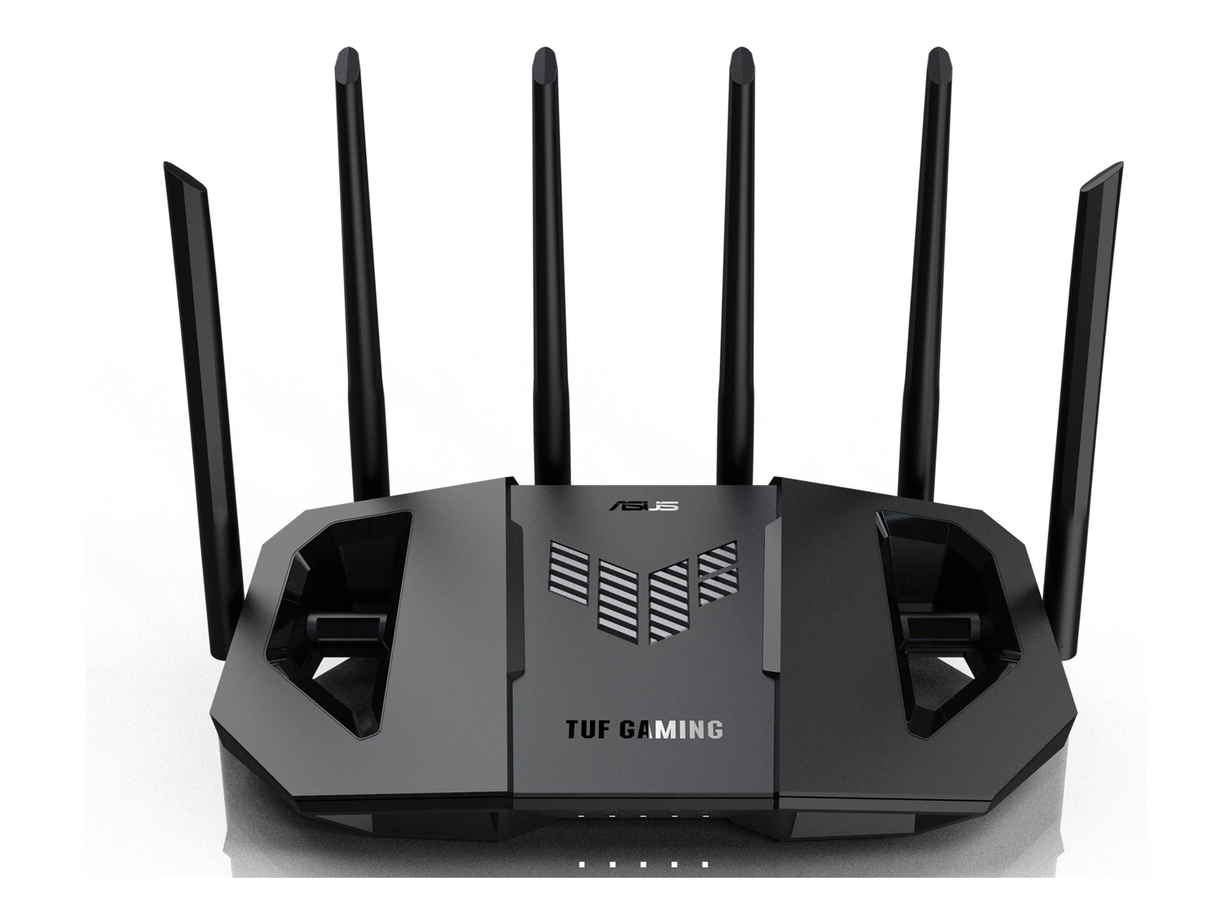 ASUS TUF Gaming Wi-Fi-Router mit sechs externen Antennen, Vorderansicht auf weißem Hintergrund.