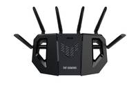 Schwarzer ASUS-WLAN-Router mit sechs externen Antennen, frontal auf weißem Hintergrund dargestellt.