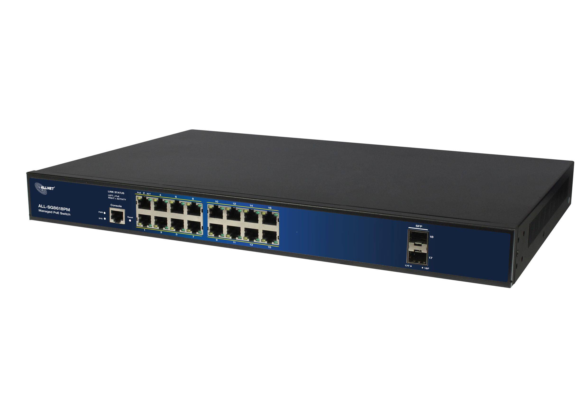 ALLNET Switch full managed Layer2+ 18 Port • 16x GbE • PoE Budget 280W • 16x PoE at • 2x SFP • 19 • Lüfterlos • JSON API • ALL-SG8618