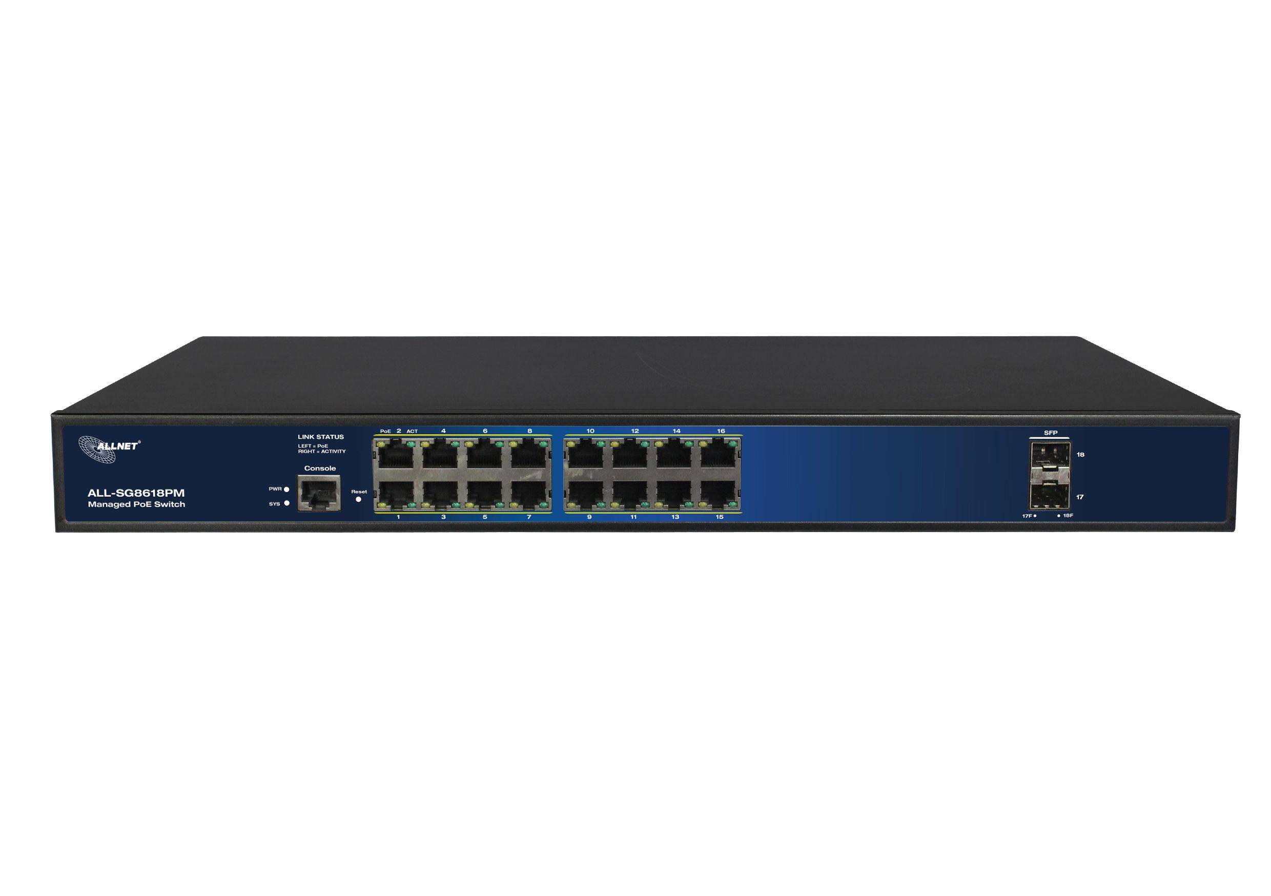ALLNET Switch full managed Layer2+ 18 Port • 16x GbE • PoE Budget 280W • 16x PoE at • 2x SFP • 19 • Lüfterlos • JSON API • ALL-SG8618