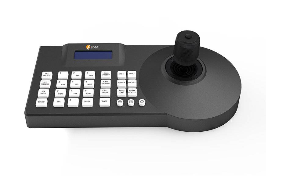 Schwarzes Videosteuerjoy-Stick-Bedienfeld mit kleinem Display und vielen beschrifteten Tasten, verwendet zur Kamera- oder Gerätenavigation.