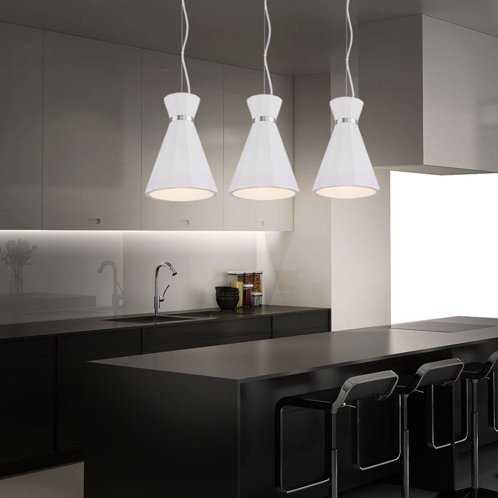 Hängelampe Pendelleuchte Wohnzimmer Hängeleuchte Pendellampe Gips weiß Kegelleuchte, Metall Chromring, 1x E27 Fassung, DxH 20x177,5 cm, 2er Set