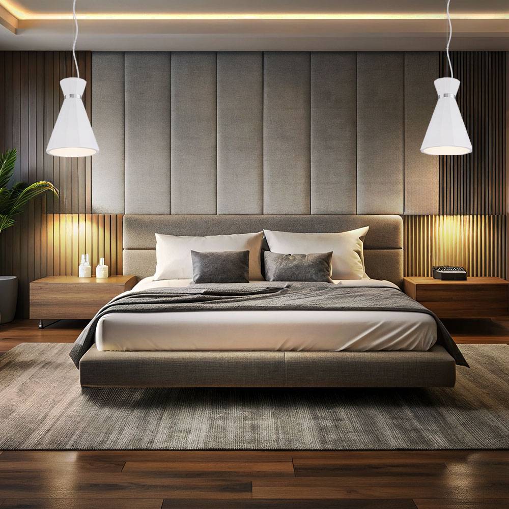 Hängelampe Pendelleuchte Wohnzimmer Hängeleuchte Pendellampe Gips weiß Kegelleuchte, Metall Chromring, 1x E27 Fassung, DxH 20x177,5 cm, 2er Set