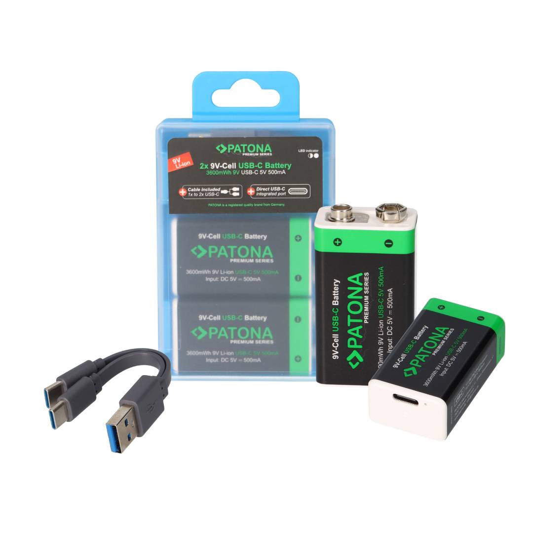 PATONA 2x 9 Volt Block Premium Akkus 3,6Wh mit USB-C und Ladekabel