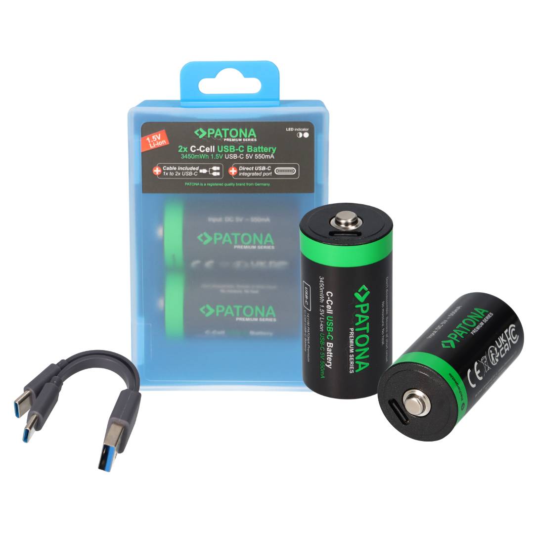 PATONA 2x LR14 Baby C Premium Akkus 3,5Wh mit USB-C und Ladekabel