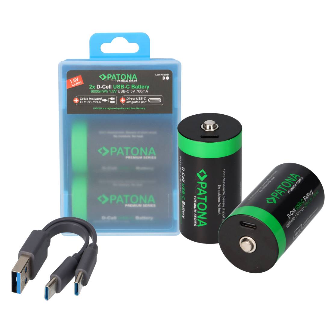 PATONA 2x LR20 Mono D Premium Akkus 6,0Wh mit USB-C und Ladekabel