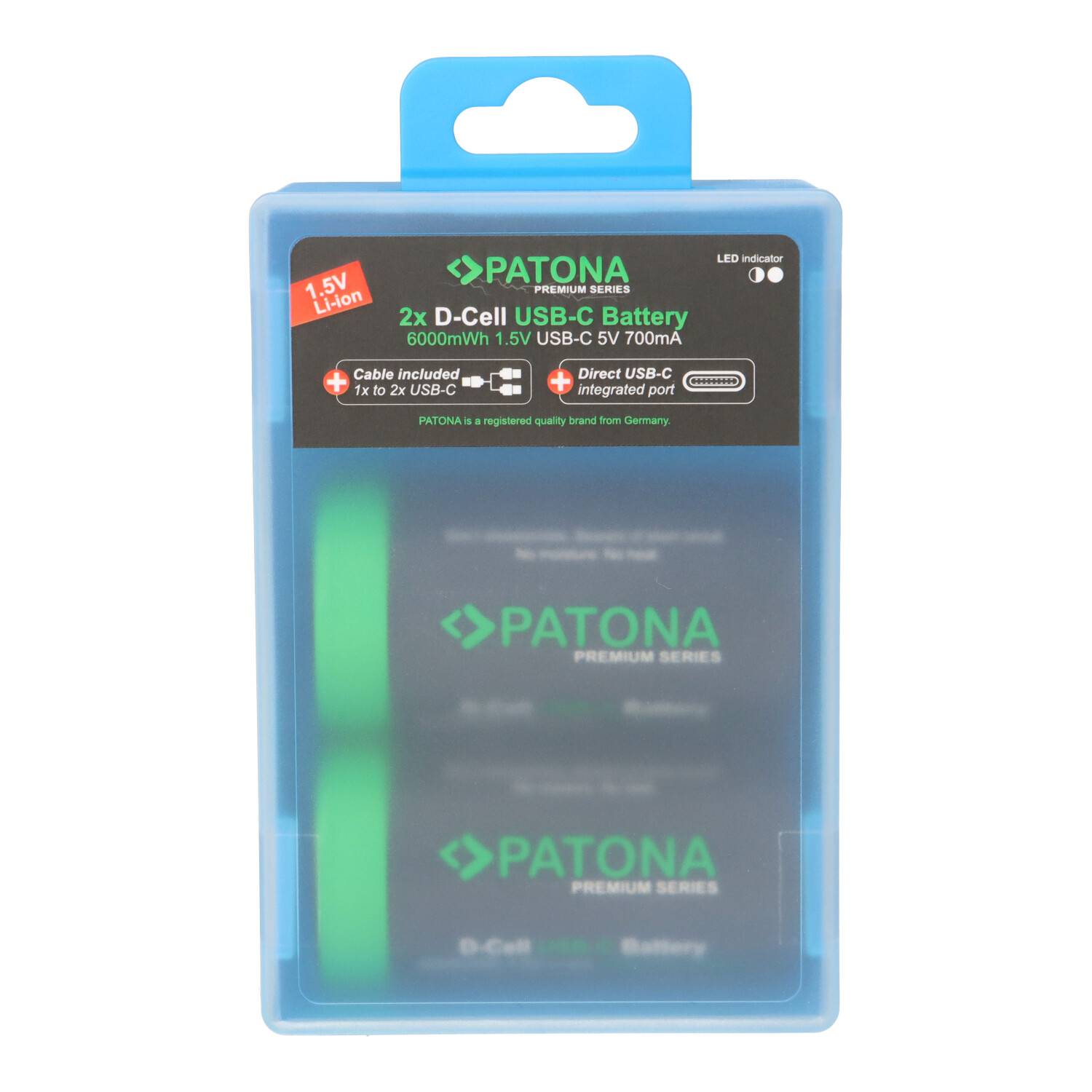 PATONA 2x LR20 Mono D Premium Akkus 6,0Wh mit USB-C und Ladekabel