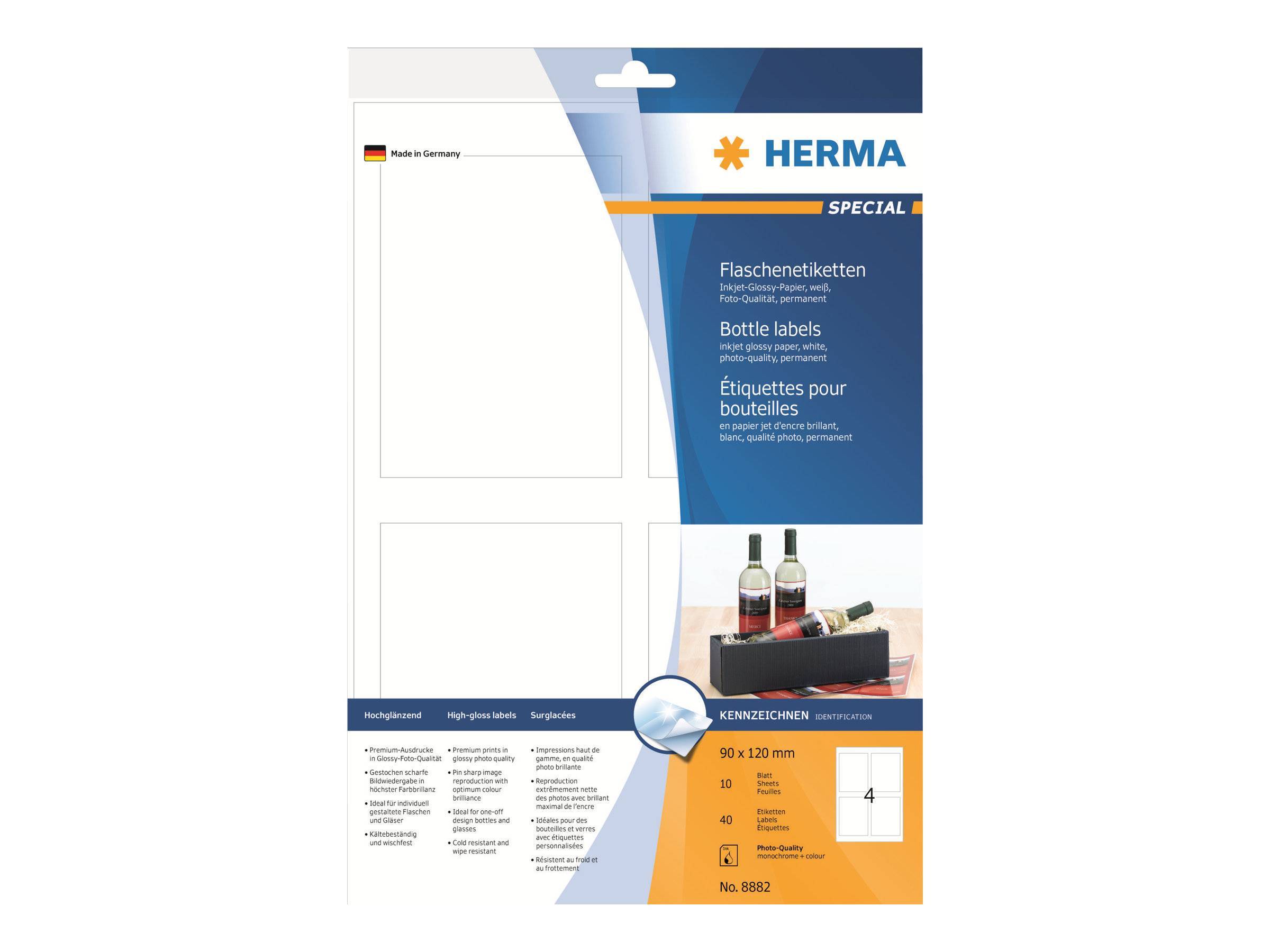 HERMA Flaschenetik. A4 Inkjet weiß 90x120 mm glänz. 40 St. Multimedia-Technik Etiketten