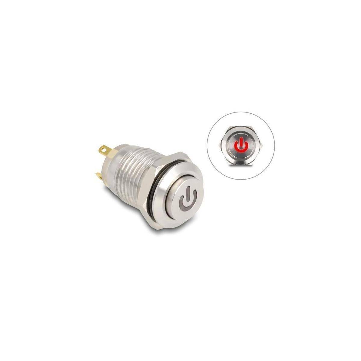 Delock Drucktaster zum Einbau 12 mm 4 x Lötanschluss LED rot Powersymbol
