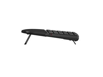 Eine Seitenansicht einer schwarzen Rechner-Tastatur mit ausgefahrenem integrierten Ständer, der das Profil und den Elevationswinkel zeigt.