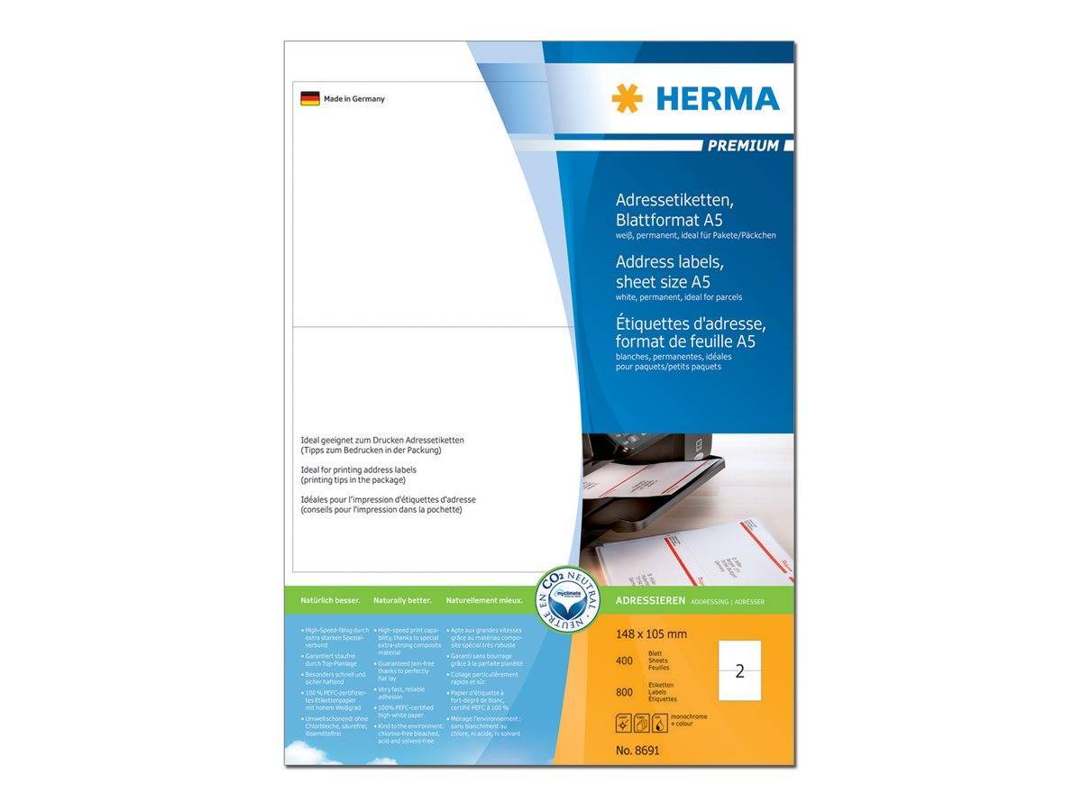 HERMA Adressetiketten Premium A5 weiß 105x148 mm 800St. Multimedia-Technik Etiketten
