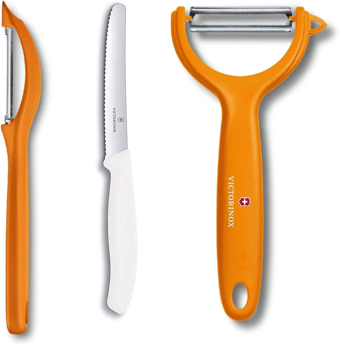 Victorinox | 3er Universalschäler Set | extra scharf, zweischneidig | ergonomische Griffe | perfekt für Obst & Gemüse | Farbenfroh Orange & Weiß