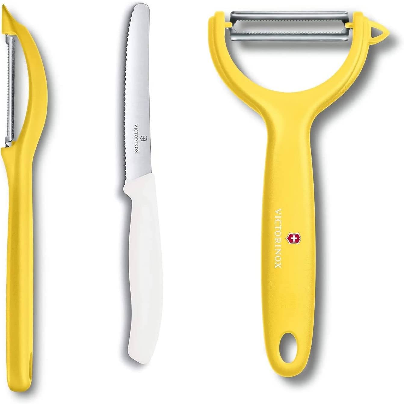 Victorinox | Schäler-Set Trio | perfekt für Obst und Gemüse | extrastarke Zacken | beidseitige Schneide | ergonomische Griffe | Farben: Gelb & Wei?