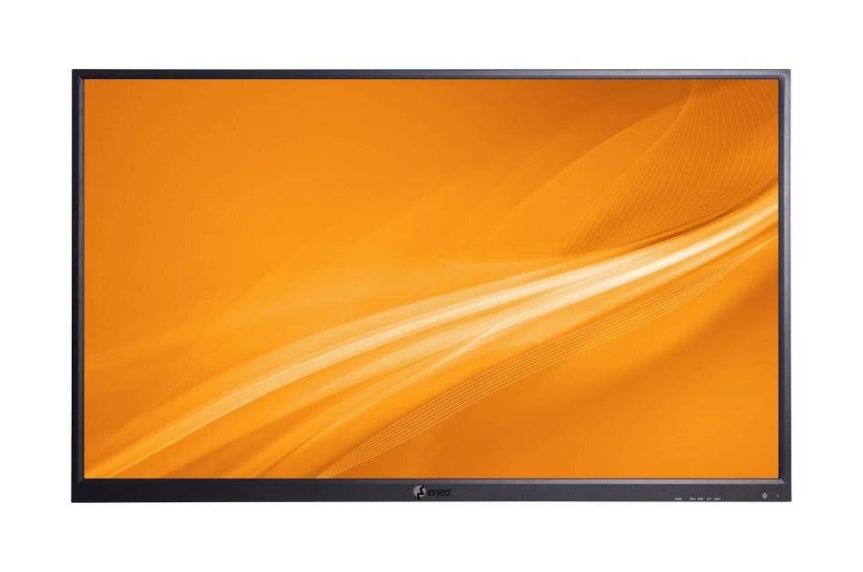 Schwarzer flacher Monitor mit abstrakter orangefarbener Wellentapete auf weißem Hintergrund.