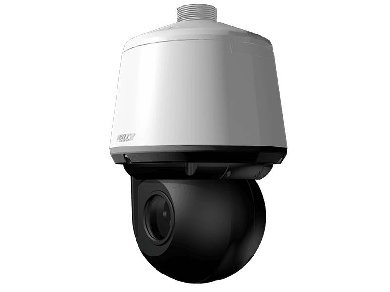 Dome-Sicherheitskamera mit weißerem Gehäuse oben und schwarzerem Gehäuse unten vor schwarzem Hintergrund.