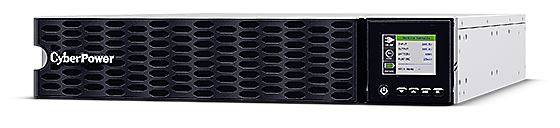 CyberPower Rack-UPS mit schwarzem Frontgitter, kleinem LCD-Statusdisplay und silbernem Seitenpanel.